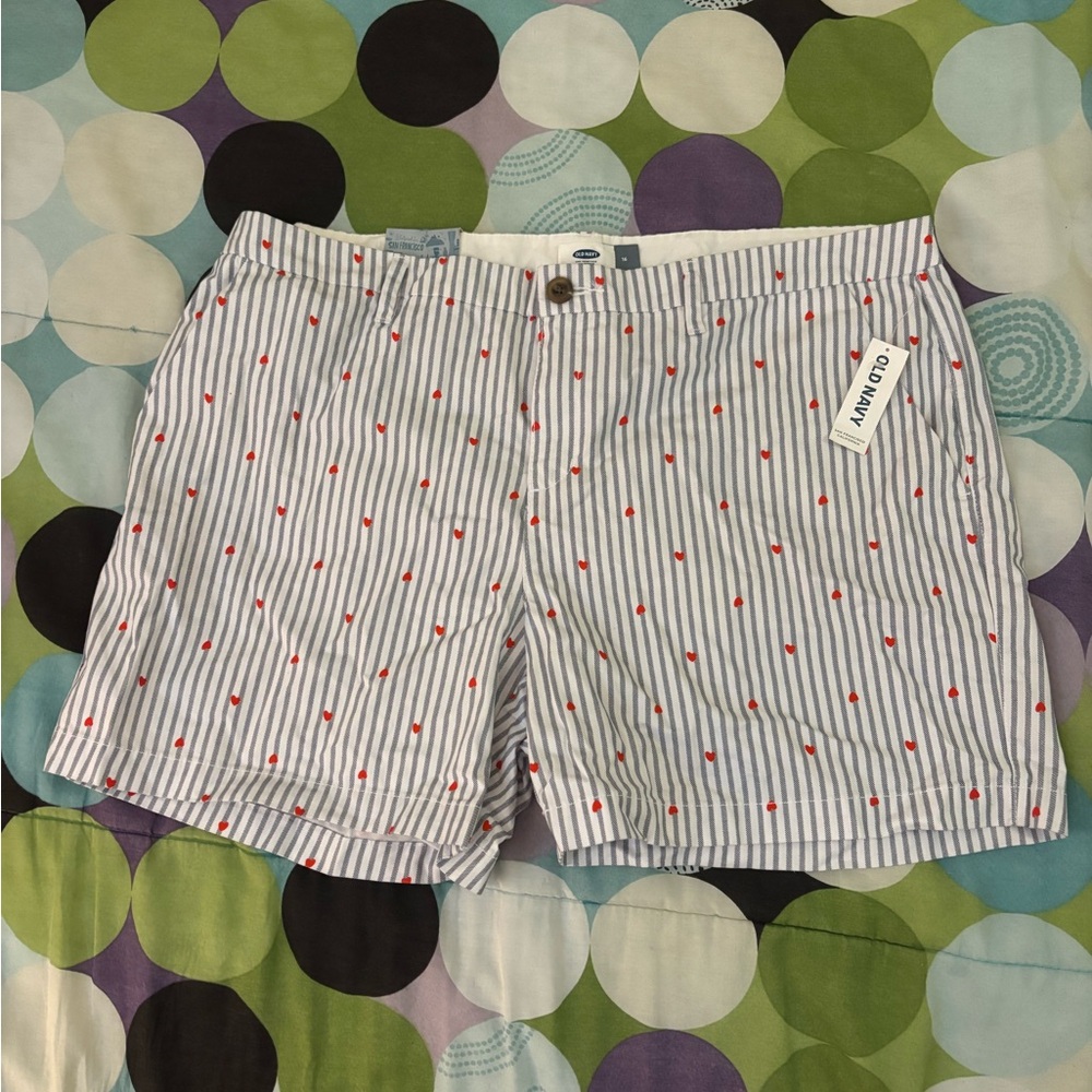 Old Navy Blue and White Striped Shorts with Red Hearts